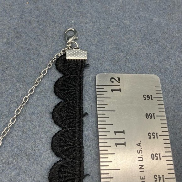 Choker Necklace Black Lace Pink Rhinestone Flower Silver Chain Barbie Retro Glam - Picture 6 of 10